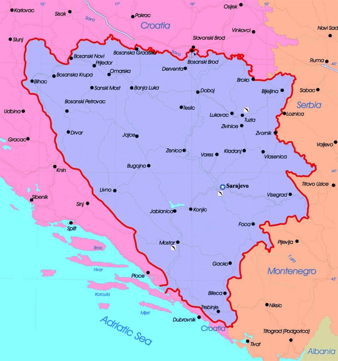 Bosna in Hercegovina politični zemljevid