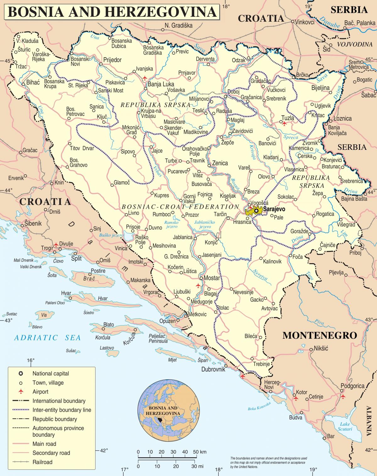 Bosna Map Zemljevid Bosne Ju Ni Evropi Evropa   Bosna Zemljevid 